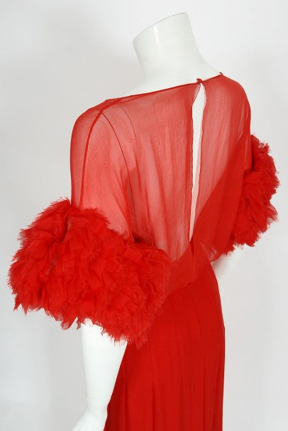 1984 Chanel by Karl Lagerfeld Runway Red Silk Chiffon Ruffle-Sleeve Gown