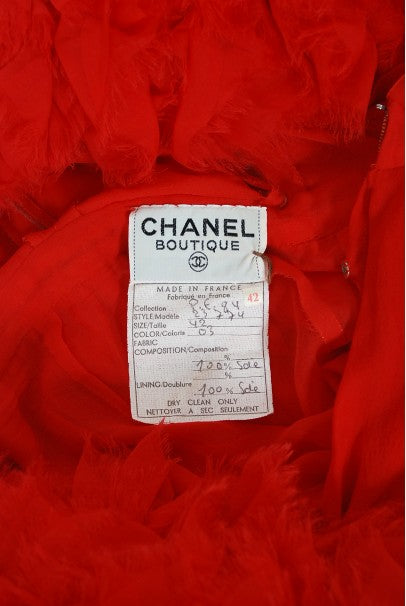 1984 Chanel by Karl Lagerfeld Runway Red Silk Chiffon Ruffle-Sleeve Gown