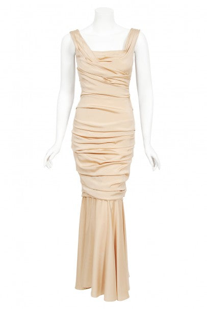 2013 Dolce &amp; Gabbana Naked Nude Ruched Stretch Silk Hourglass Mermaid Gown