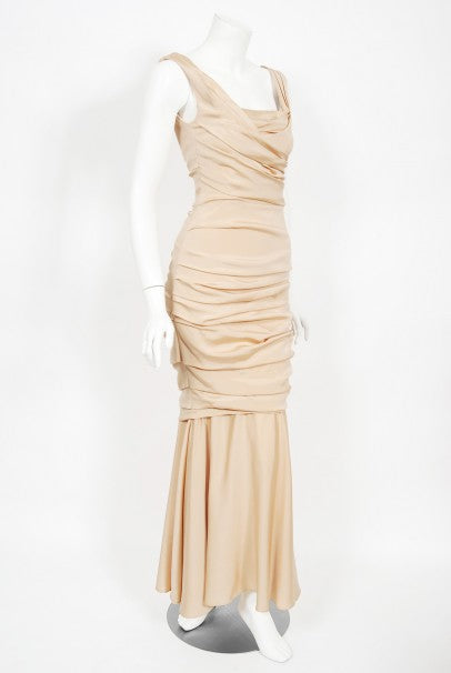 2013 Dolce & Gabbana Naked Nude Ruched Stretch Silk Hourglass Mermaid Gown