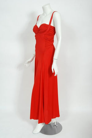 1993 Gianni Versace Couture Red Silk Jersey Bustier High-Slits Gown