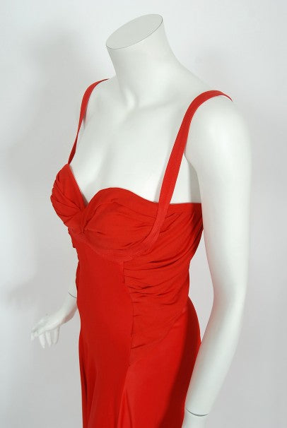 1993 Gianni Versace Couture Red Silk Jersey Bustier High-Slits Gown