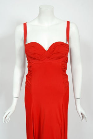 1993 Gianni Versace Couture Red Silk Jersey Bustier High-Slits Gown