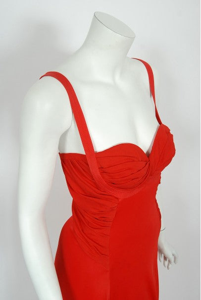 1993 Gianni Versace Couture Red Silk Jersey Bustier High-Slits Gown