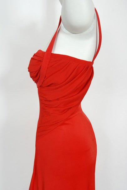 1993 Gianni Versace Couture Red Silk Jersey Bustier High-Slits Gown