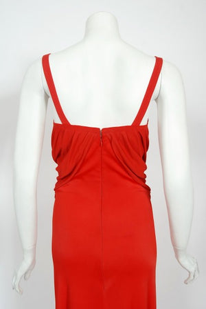 1993 Gianni Versace Couture Red Silk Jersey Bustier High-Slits Gown