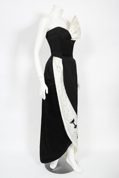 1980's Tan Giudicelli Black & White Novelty 'Champagne Glasses' Strapless Gown
