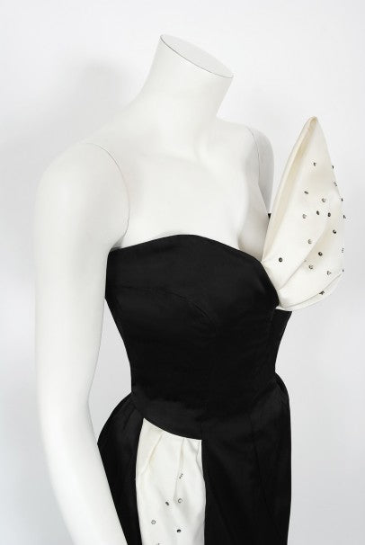 1980&#39;s Tan Giudicelli Black &amp; White Novelty &#39;Champagne Glasses&#39; Strapless Gown