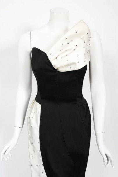 1980&#39;s Tan Giudicelli Black &amp; White Novelty &#39;Champagne Glasses&#39; Strapless Gown