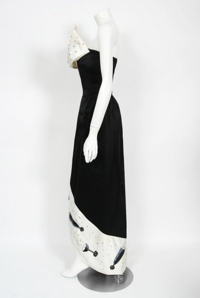1980&#39;s Tan Giudicelli Black &amp; White Novelty &#39;Champagne Glasses&#39; Strapless Gown