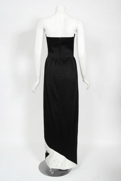 1980&#39;s Tan Giudicelli Black &amp; White Novelty &#39;Champagne Glasses&#39; Strapless Gown