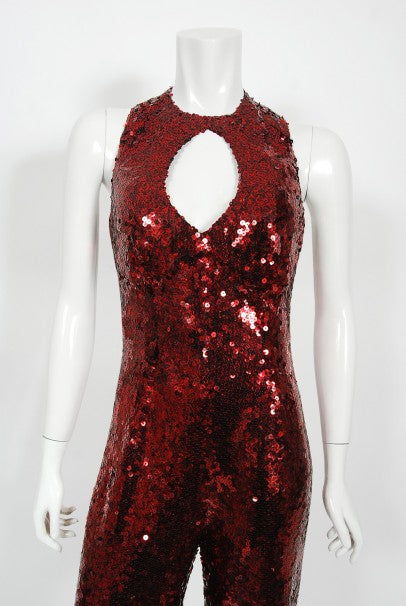 1970&#39;s Liza Minnelli Owned Red Sequin Stretch Knit Key-Hole Disco Jumpsuit