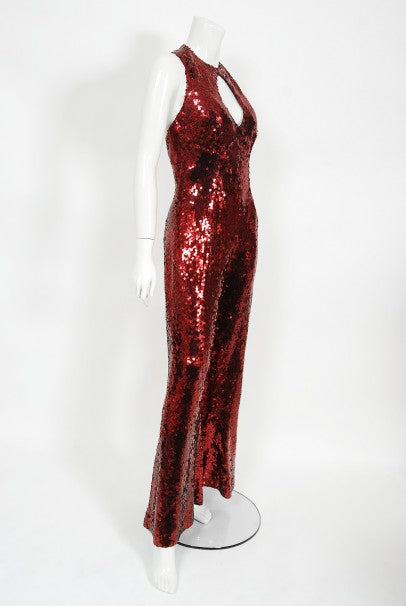 1970&#39;s Liza Minnelli Owned Red Sequin Stretch Knit Key-Hole Disco Jumpsuit