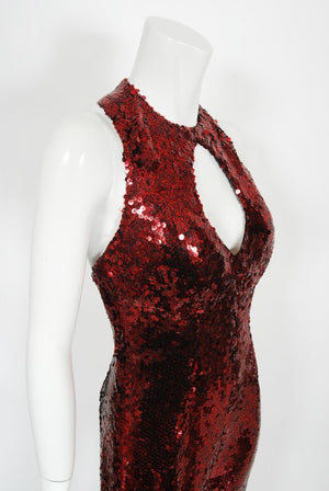 1970's Liza Minnelli Owned Red Sequin Stretch Knit Key-Hole Disco Jumpsuit