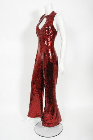 1970's Liza Minnelli Owned Red Sequin Stretch Knit Key-Hole Disco Jumpsuit