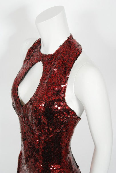 1970&#39;s Liza Minnelli Owned Red Sequin Stretch Knit Key-Hole Disco Jumpsuit