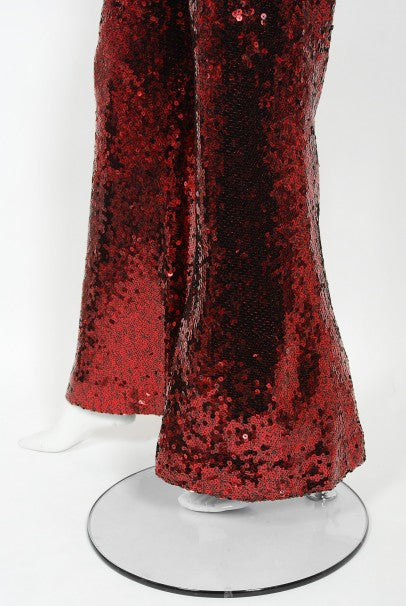 1970&#39;s Liza Minnelli Owned Red Sequin Stretch Knit Key-Hole Disco Jumpsuit