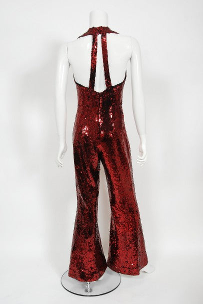 1970&#39;s Liza Minnelli Owned Red Sequin Stretch Knit Key-Hole Disco Jumpsuit