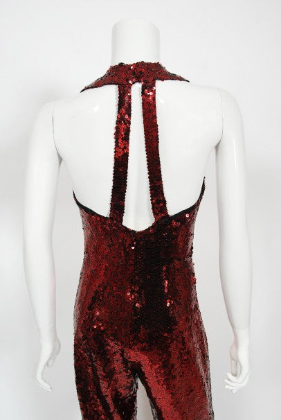 1970&#39;s Liza Minnelli Owned Red Sequin Stretch Knit Key-Hole Disco Jumpsuit