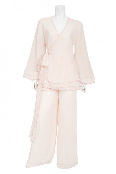 1970&#39;s Stephen Burrows Pale-Pink Layered Chiffon Wrap Blouse Pantsuit