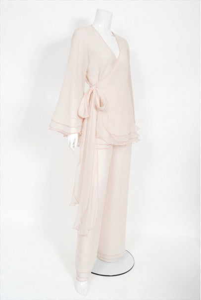 1970's Stephen Burrows Pale-Pink Layered Chiffon Wrap Blouse Pantsuit