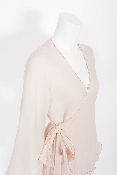 1970&#39;s Stephen Burrows Pale-Pink Layered Chiffon Wrap Blouse Pantsuit