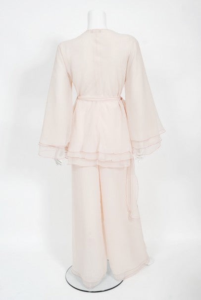 1970&#39;s Stephen Burrows Pale-Pink Layered Chiffon Wrap Blouse Pantsuit