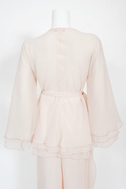 1970&#39;s Stephen Burrows Pale-Pink Layered Chiffon Wrap Blouse Pantsuit