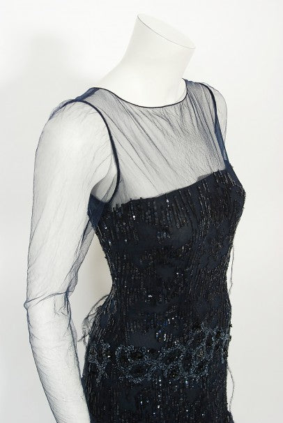 2005 Oscar de la Renta Navy Beaded Sheer-Tulle Hourglass Feather Mermaid Gown