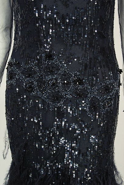 2005 Oscar de la Renta Navy Beaded Sheer-Tulle Hourglass Feather Mermaid Gown