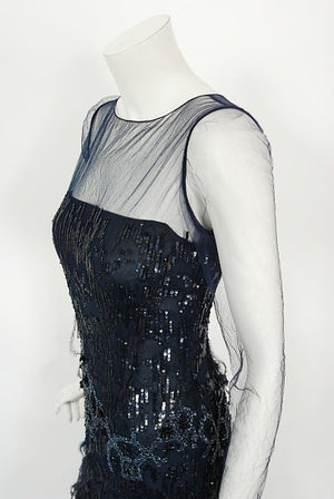 2005 Oscar de la Renta Navy Beaded Sheer-Tulle Hourglass Feather Mermaid Gown