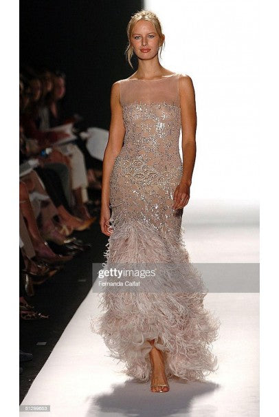 2005 Oscar de la Renta Navy Beaded Sheer-Tulle Hourglass Feather Mermaid Gown