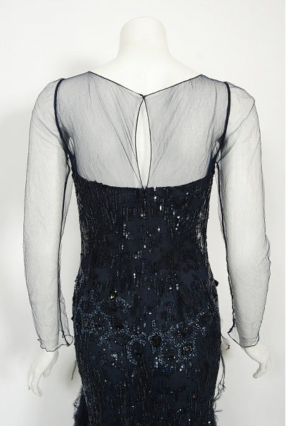 2005 Oscar de la Renta Navy Beaded Sheer-Tulle Hourglass Feather Mermaid Gown