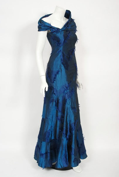 1999 Christian Dior by Galliano Sapphire Blue Eyelash Silk Bias-Cut Gown