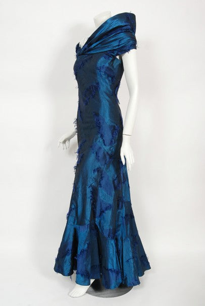 1999 Christian Dior by Galliano Sapphire Blue Eyelash Silk Bias-Cut Gown