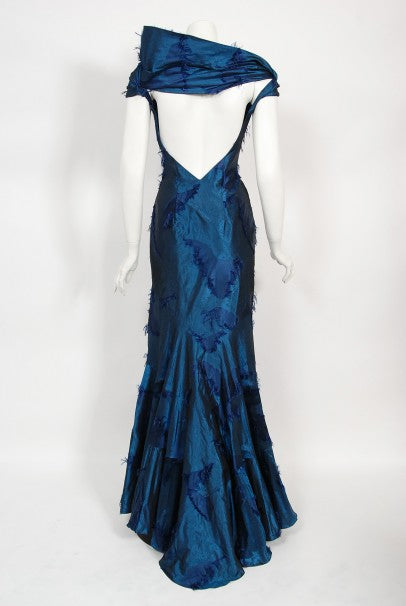 1999 Christian Dior by Galliano Sapphire Blue Eyelash Silk Bias-Cut Gown