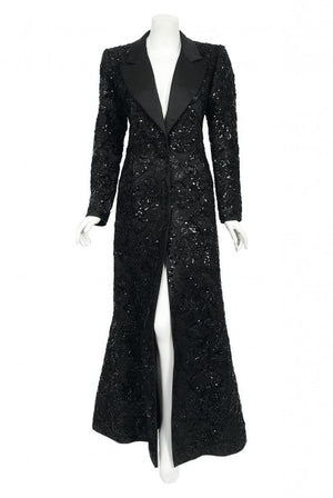 1984 Yves Saint Laurent Haute Couture Sequin Satin Maxi Tuxedo Jacket