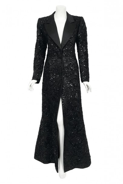 1984 Yves Saint Laurent Haute Couture Sequin Satin Maxi Tuxedo
