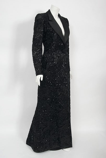 1984 Yves Saint Laurent Haute Couture Sequin Satin Maxi Tuxedo Jacket
