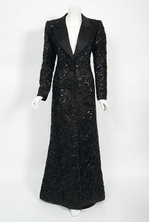 1984 Yves Saint Laurent Haute Couture Sequin Satin Maxi Tuxedo Jacket