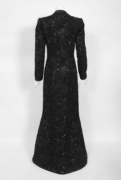 1984 Yves Saint Laurent Haute Couture Sequin Satin Maxi Tuxedo Jacket