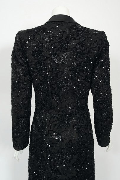 1984 Yves Saint Laurent Haute Couture Sequin Satin Maxi Tuxedo Jacket