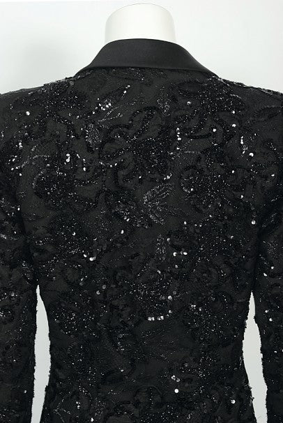 1984 Yves Saint Laurent Haute Couture Sequin Satin Maxi Tuxedo Jacket