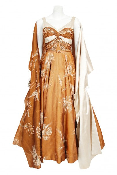 1950&#39;s Hand-Painted Floral Copper Silk &amp; Ivory Satin Full Gown w/ Shawl
