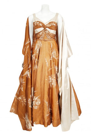 1950's Hand-Painted Floral Copper Silk & Ivory Satin Full Gown w/ Shawl