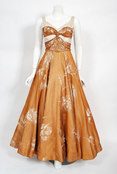 1950's Hand-Painted Floral Copper Silk & Ivory Satin Full Gown w/ Shawl