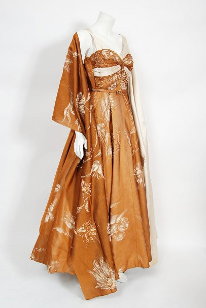 1950&#39;s Hand-Painted Floral Copper Silk &amp; Ivory Satin Full Gown w/ Shawl