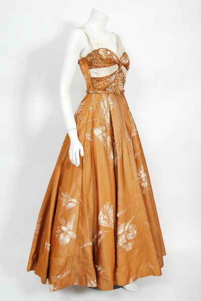 1950&#39;s Hand-Painted Floral Copper Silk &amp; Ivory Satin Full Gown w/ Shawl
