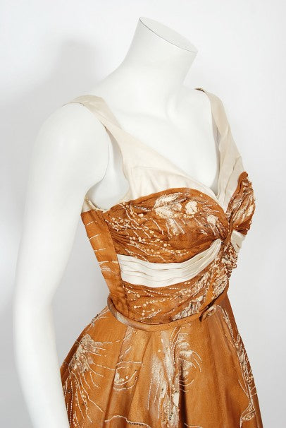 1950&#39;s Hand-Painted Floral Copper Silk &amp; Ivory Satin Full Gown w/ Shawl