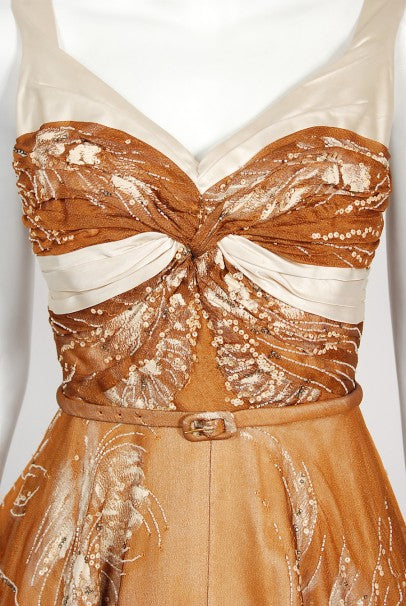 1950&#39;s Hand-Painted Floral Copper Silk &amp; Ivory Satin Full Gown w/ Shawl